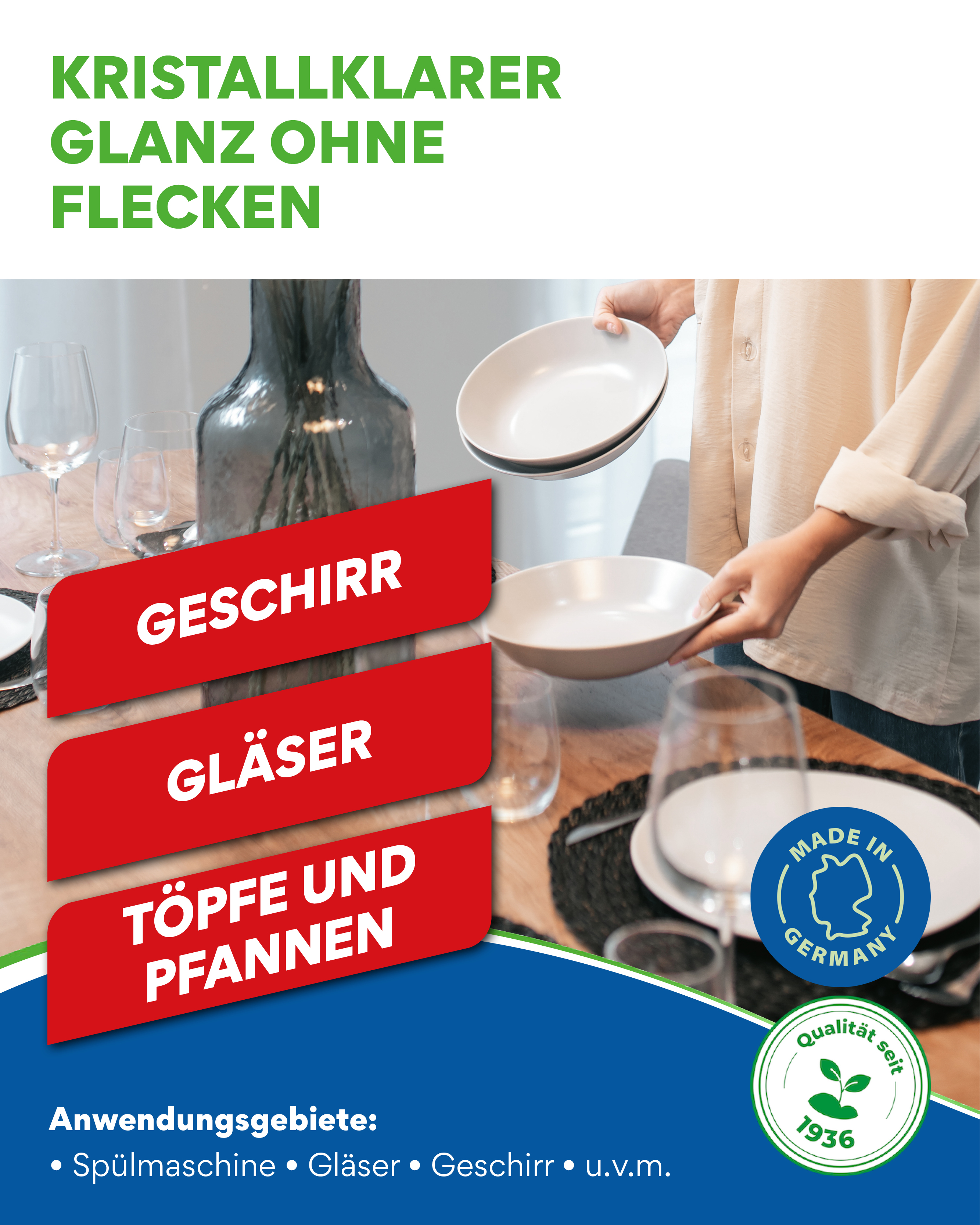 Das COLLO Klarspülmittel (Artikelnummer 0084) gewährleistet streifenfreies Trocknen für Besteck, Gläser und Geschirr.